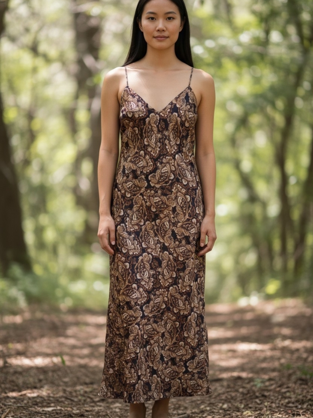 Nili Lotan Paisley Slip Dress XL Boho Maxi Satin Cami Brown Floral Minimalist P